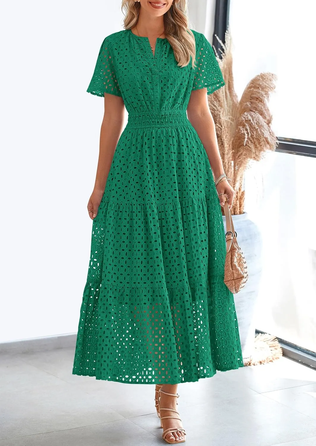 PRETTYGARDEN Womens 2025 Summer Maxi Dress Short Sleeve V Neck Hollow Out Eyelet A Line Long Flowy Beach Vacation Dresses
