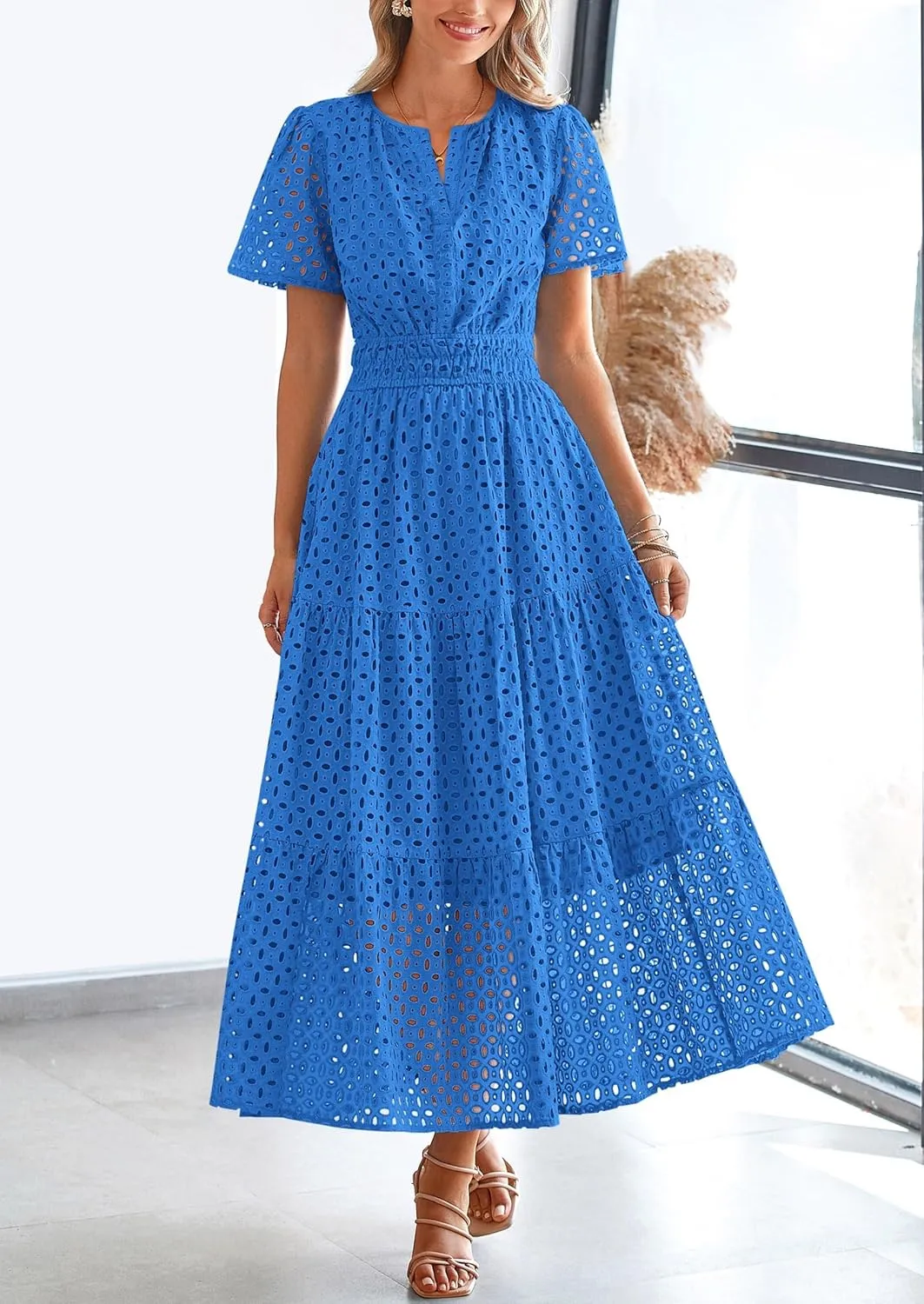 PRETTYGARDEN Womens 2025 Summer Maxi Dress Short Sleeve V Neck Hollow Out Eyelet A Line Long Flowy Beach Vacation Dresses