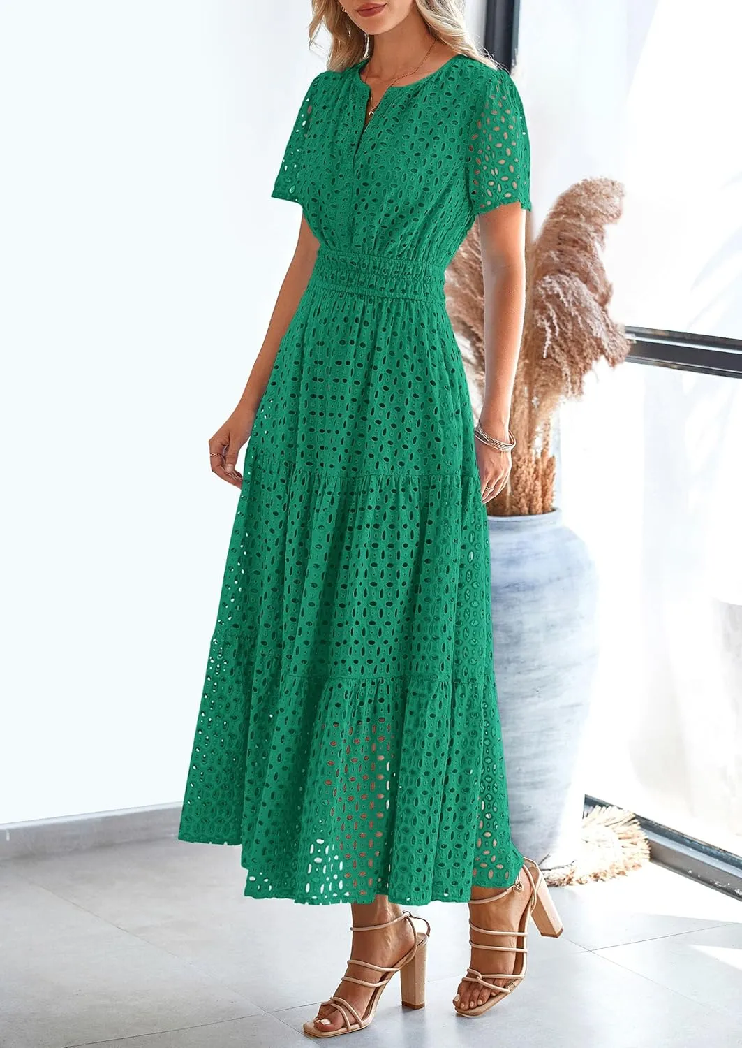PRETTYGARDEN Womens 2025 Summer Maxi Dress Short Sleeve V Neck Hollow Out Eyelet A Line Long Flowy Beach Vacation Dresses