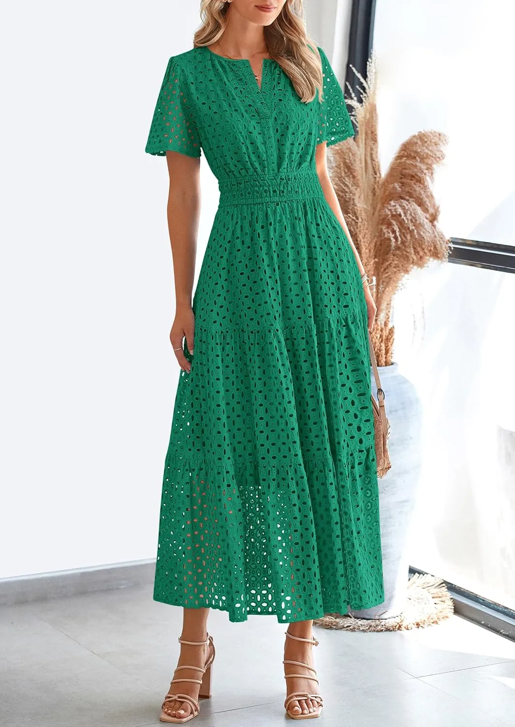 PRETTYGARDEN Womens 2025 Summer Maxi Dress Short Sleeve V Neck Hollow Out Eyelet A Line Long Flowy Beach Vacation Dresses