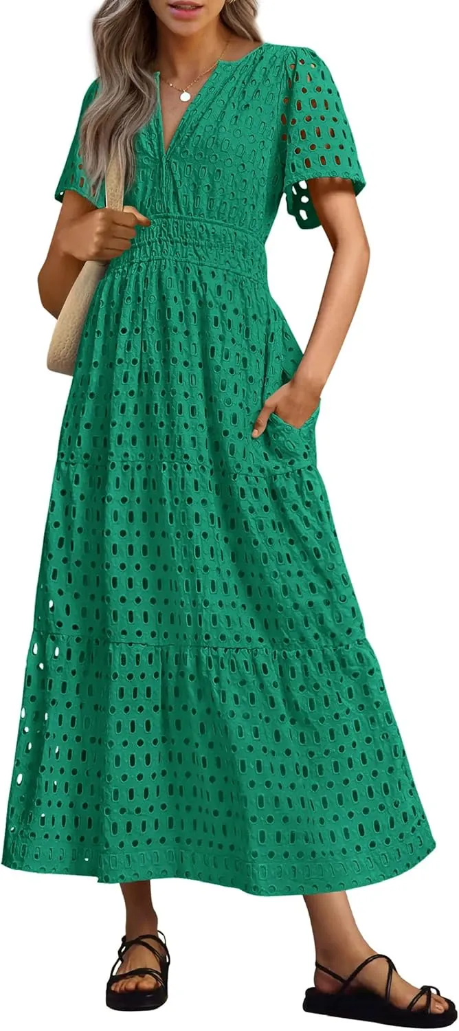 PRETTYGARDEN Womens 2025 Summer Maxi Dress Short Sleeve V Neck Hollow Out Eyelet A Line Long Flowy Beach Vacation Dresses
