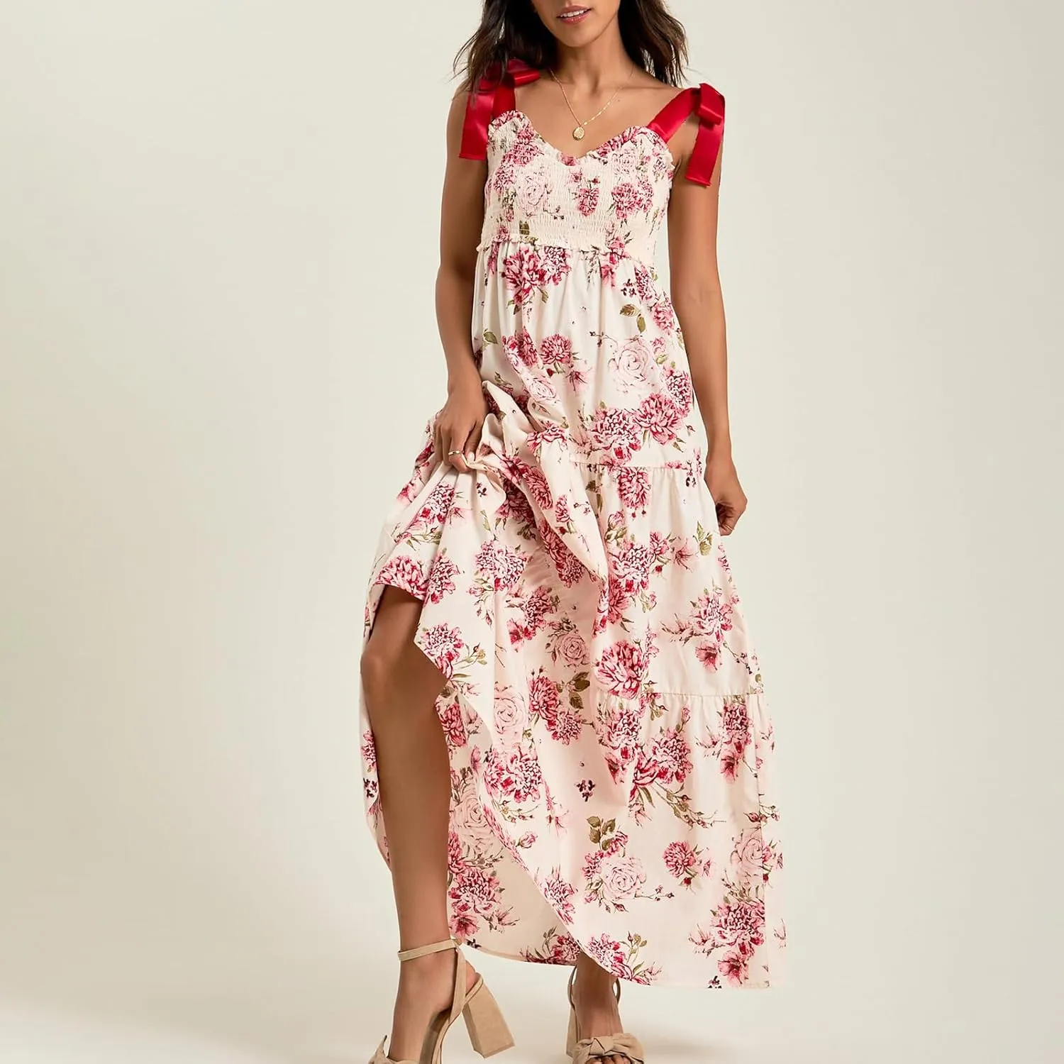 Women Y2k Boho Maxi Dress Tie Shoulder Backless Strappy Tiered Flowy Dress 2024 Summer Floral Beach Sundress