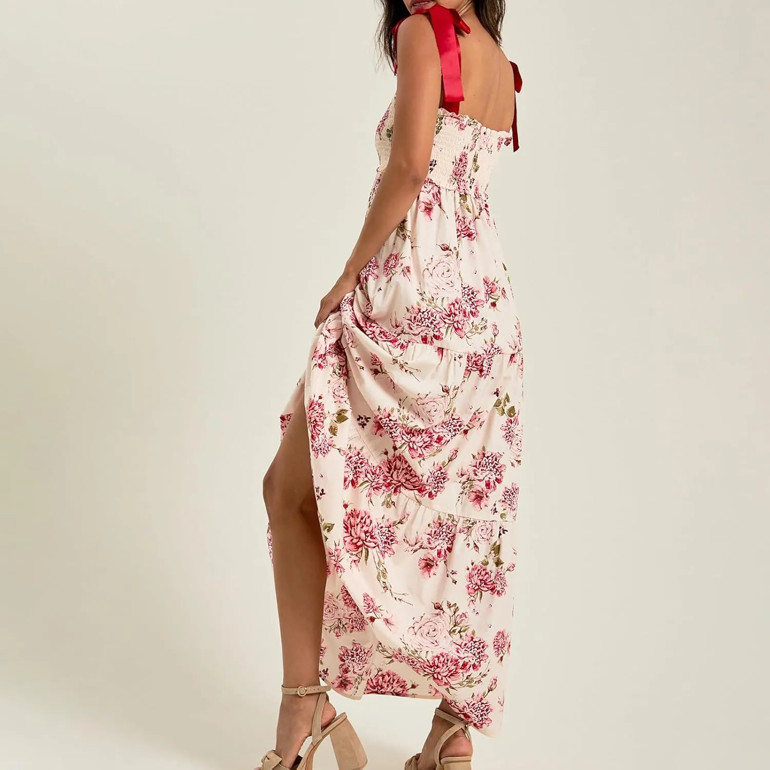 Women Y2k Boho Maxi Dress Tie Shoulder Backless Strappy Tiered Flowy Dress 2024 Summer Floral Beach Sundress