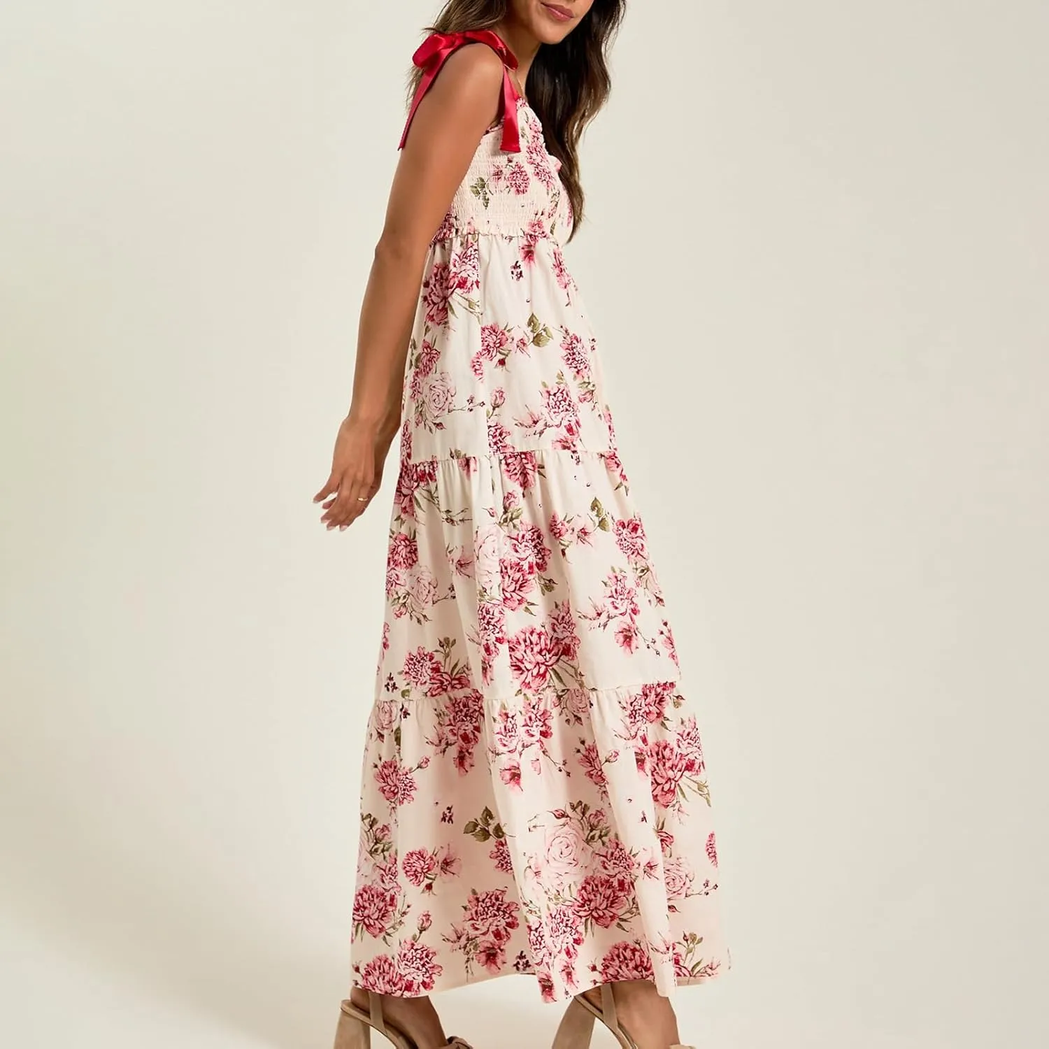Women Y2k Boho Maxi Dress Tie Shoulder Backless Strappy Tiered Flowy Dress 2024 Summer Floral Beach Sundress