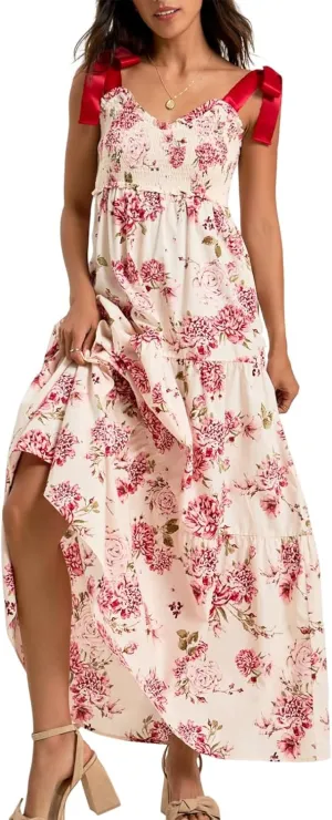 Women Y2k Boho Maxi Dress Tie Shoulder Backless Strappy Tiered Flowy Dress 2024 Summer Floral Beach Sundress