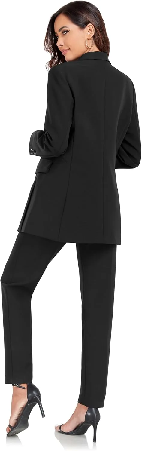 Women's 2 Pieces Pant Suits, Double Breasted Blazer Set, Casual Loose Long Blazer Jackets and Long Pant Suits with Pockets