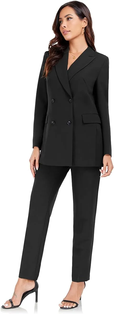 Women's 2 Pieces Pant Suits, Double Breasted Blazer Set, Casual Loose Long Blazer Jackets and Long Pant Suits with Pockets