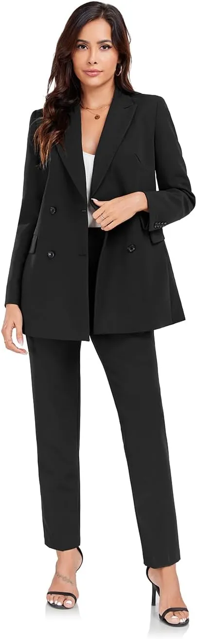 Women's 2 Pieces Pant Suits, Double Breasted Blazer Set, Casual Loose Long Blazer Jackets and Long Pant Suits with Pockets