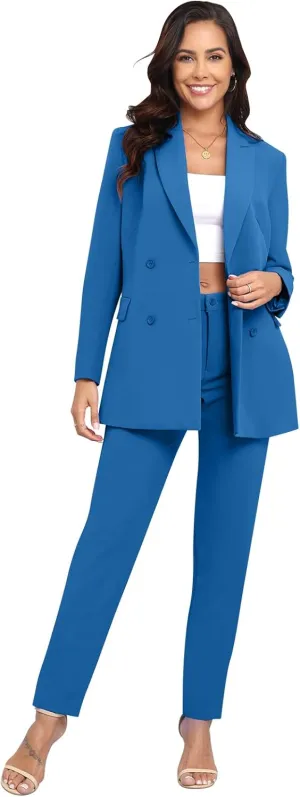 Women's 2 Pieces Pant Suits, Double Breasted Blazer Set, Casual Loose Long Blazer Jackets and Long Pant Suits with Pockets