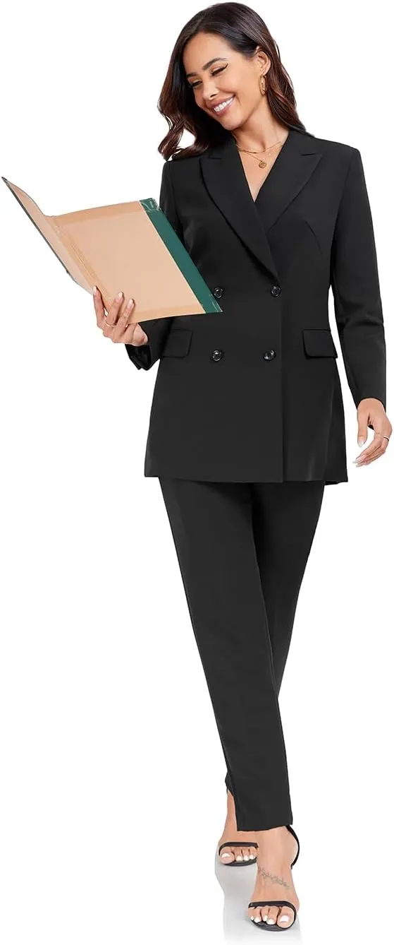 Women's 2 Pieces Pant Suits, Double Breasted Blazer Set, Casual Loose Long Blazer Jackets and Long Pant Suits with Pockets
