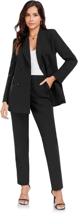 Women's 2 Pieces Pant Suits, Double Breasted Blazer Set, Casual Loose Long Blazer Jackets and Long Pant Suits with Pockets