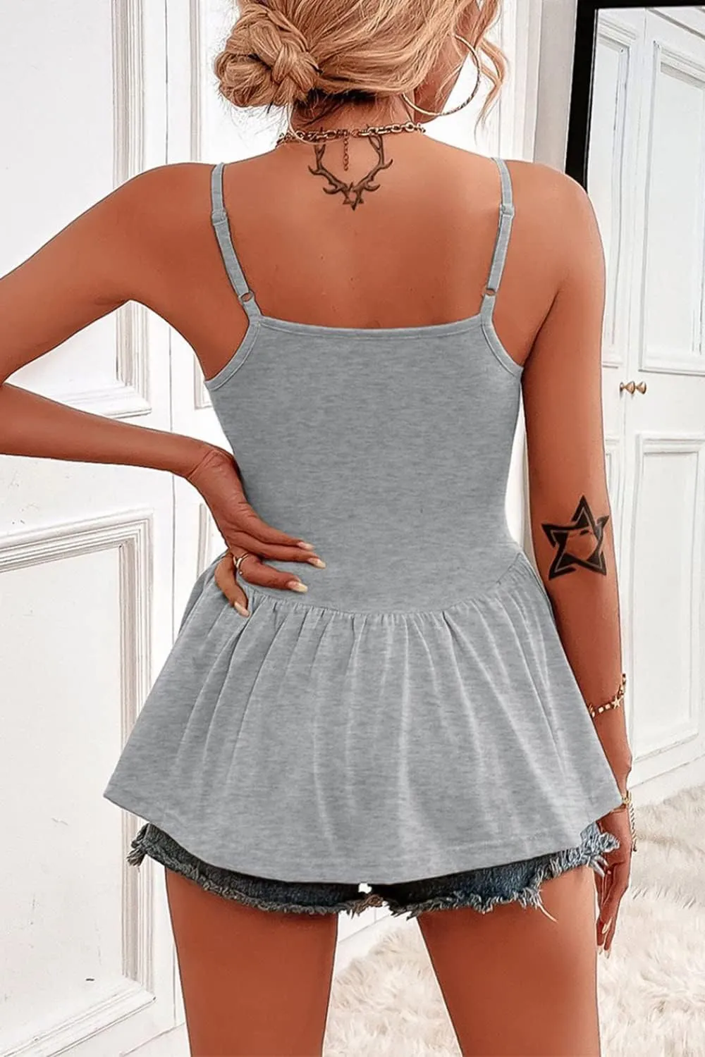 Women's Adjustable Spaghetti Strap Tank Tops Sleeveless Peplum Summer Cami Shirt