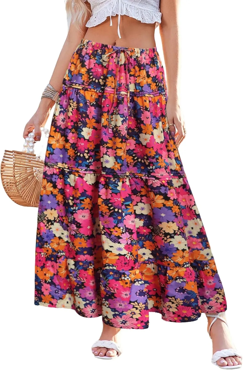 Womens Casual Boho Maxi Skirt A line Elastic High Waist Drawstring Trendy Swing Floral Beach Party Vacation Skirts