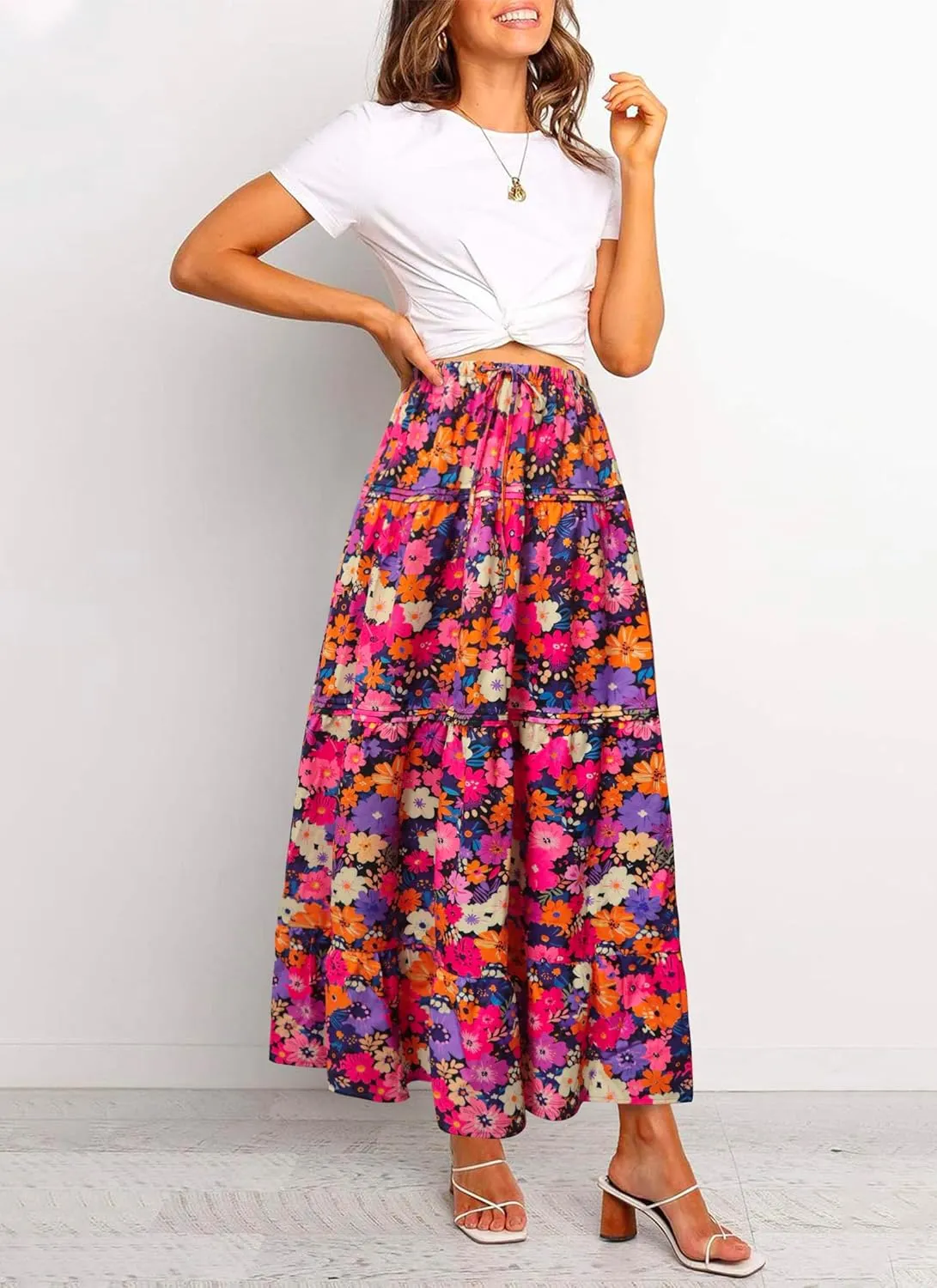 Womens Casual Boho Maxi Skirt A line Elastic High Waist Drawstring Trendy Swing Floral Beach Party Vacation Skirts