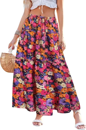 Womens Casual Boho Maxi Skirt A line Elastic High Waist Drawstring Trendy Swing Floral Beach Party Vacation Skirts