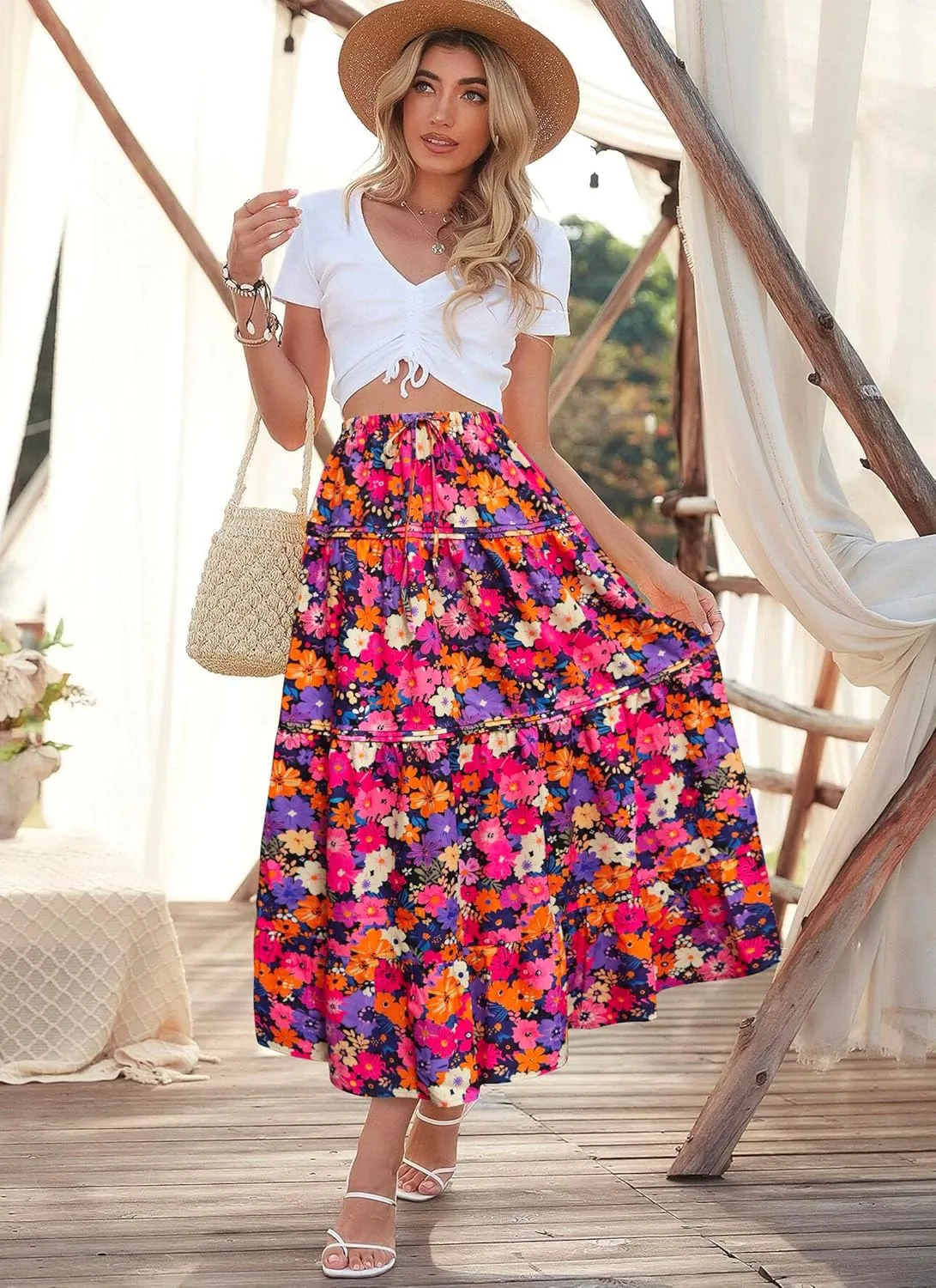 Womens Casual Boho Maxi Skirt A line Elastic High Waist Drawstring Trendy Swing Floral Beach Party Vacation Skirts
