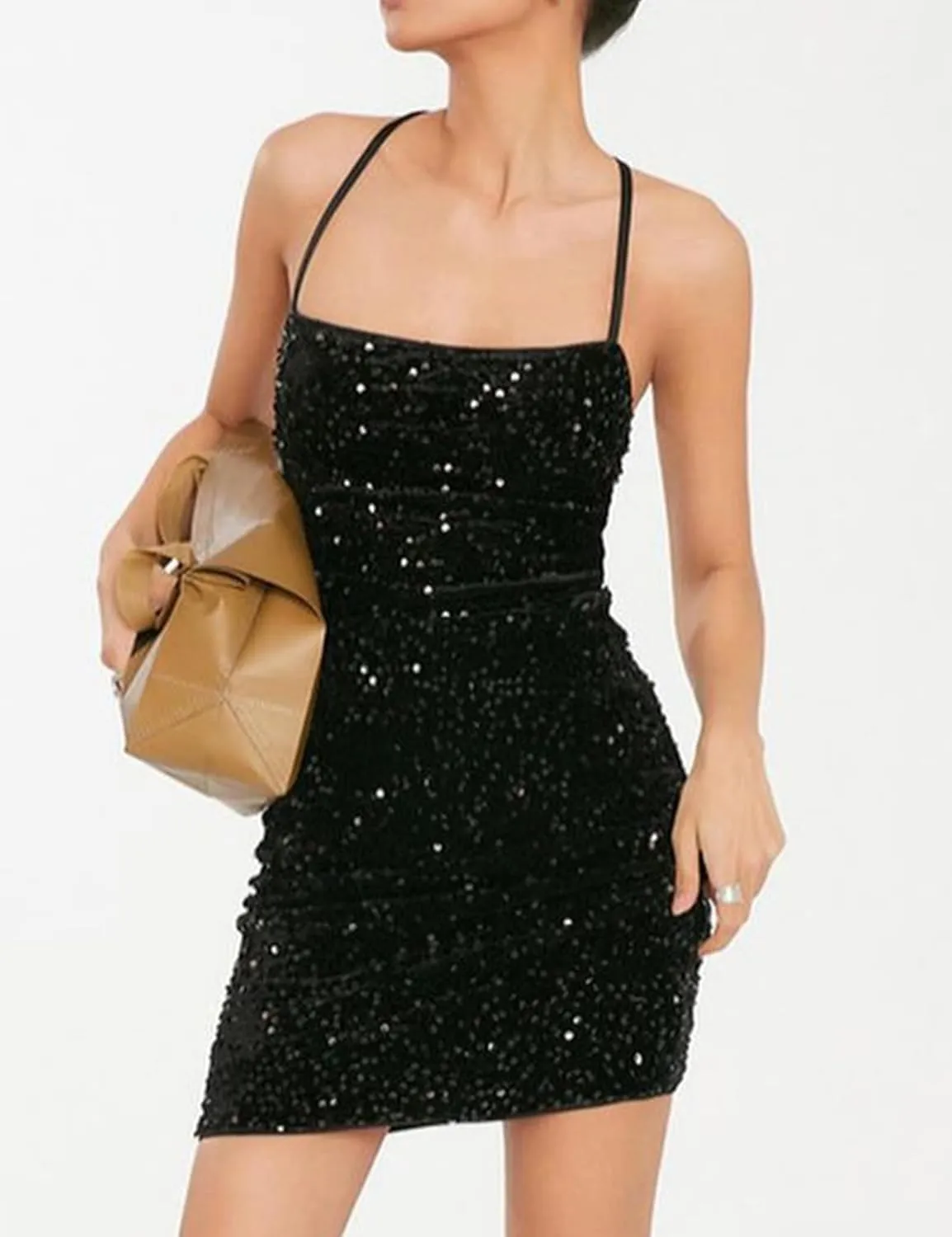 Womens Sequin Spaghetti Strap Backless Club Dresses Sexy Cross Back Ties Sparkly Glitter Velvet Bodycon Mini Dresses