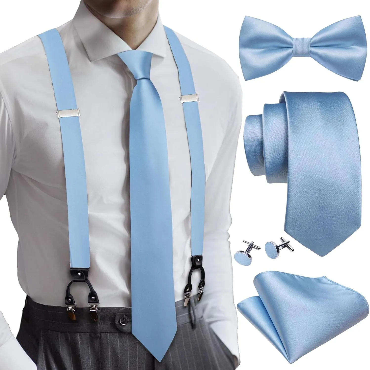YOHOWA Solid Bow Ties for Men Cotton Linen Pre-tied Bow Tie Set with Handkerchief Cufflinks Big and Tall Party Wedding Prom